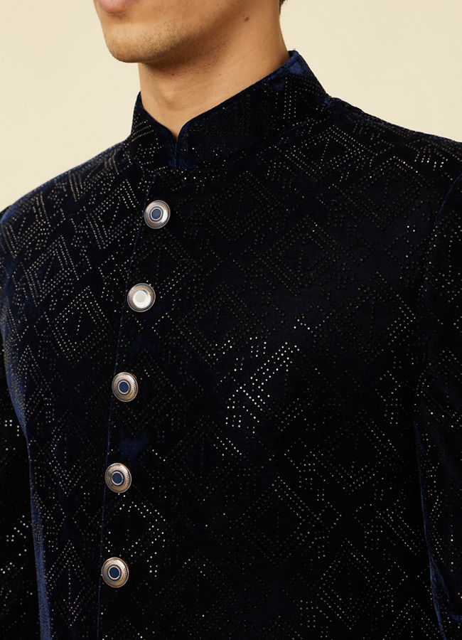 Midnight Blue Diamond Patterned Sherwani Set image number 1